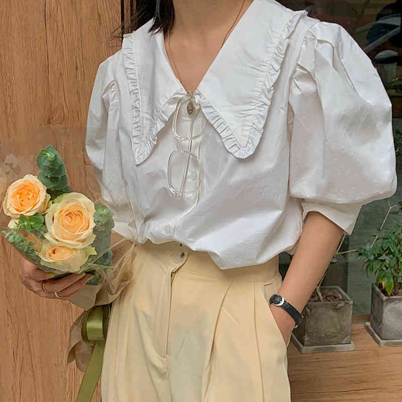 Nomikuma Women Blouse Chic Puff Short Sleeve Tops Causal Peter Pan Collar Blusas Femme Sprign Summer Korean Shirts 6G131 210427
