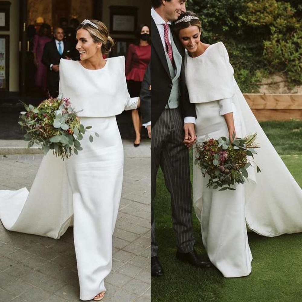 White Satin Simple Mermaid Wedding Dress With Wrap Long Sleeve Birdal Gowns Sweep Train Zipper Back Party Dresses vestidos de novia