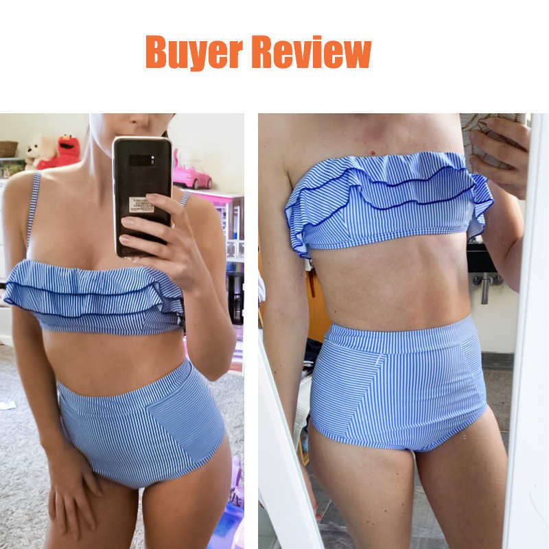 Sexy Retro Blue White Striped Bandeau High Waist Bikini Lady Swimwear Women Swimsuit Female Ruffle Ruched Swim Bathing Suit 210625