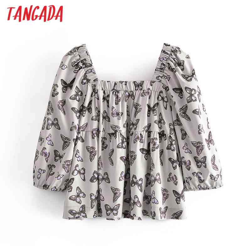 Women Retro Print Butterfly Crop Square Collar Chic Female Loose Shirt Tops 3A55 210416