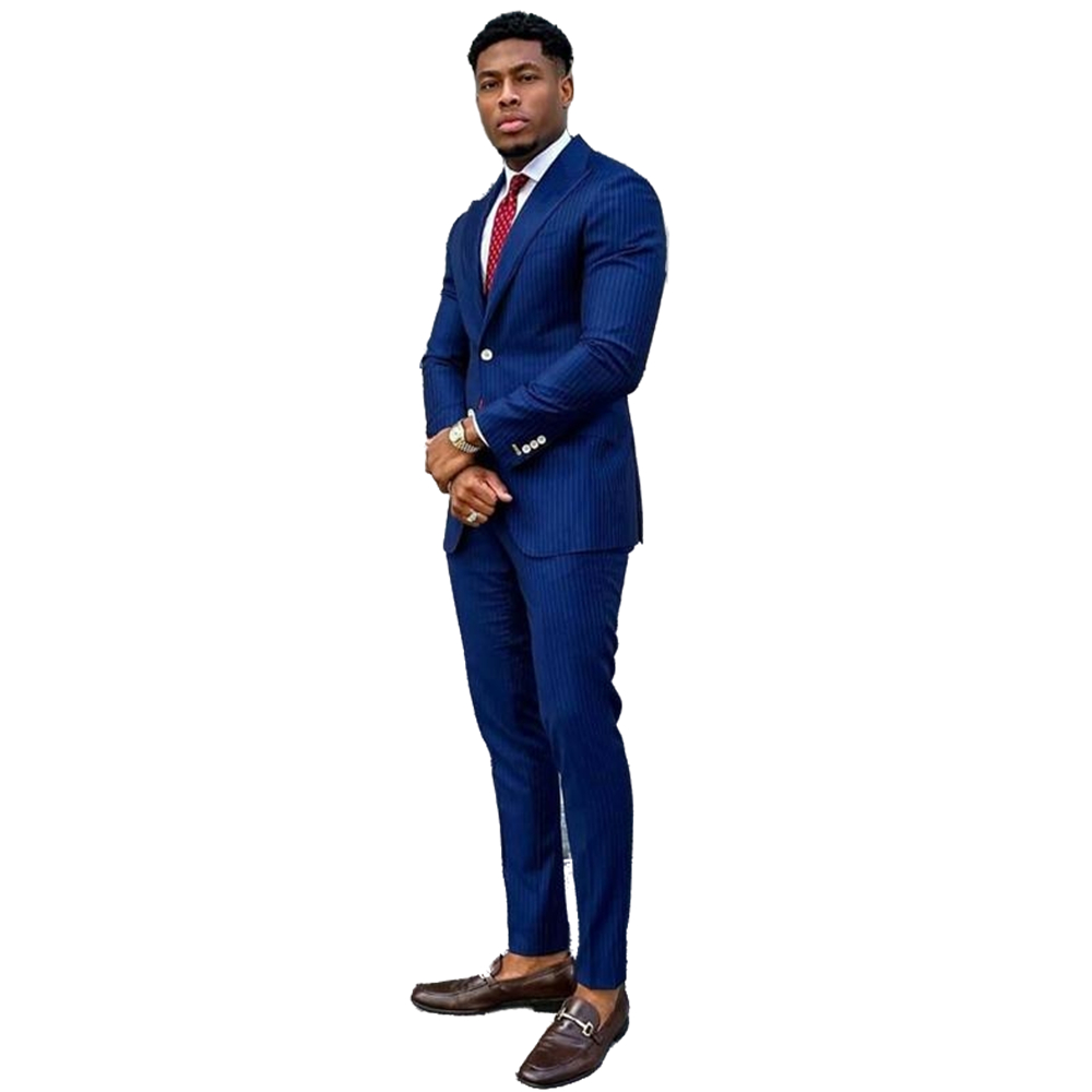 Handsome Blue Stripe Men Suits Trim Fit One Button 2 Pieces Groom Tuxedos Notched Lapel Herringbone Wedding Blazer and Pant Mens Formal Wear