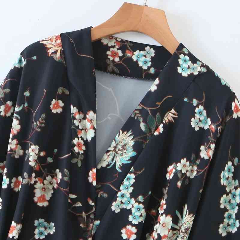 Spring Women Flower Printing Sashes Kimono Shirt Female Nine Quarter Sleeve Blouse Casual Lady Loose Tops Blusas S8656 210430