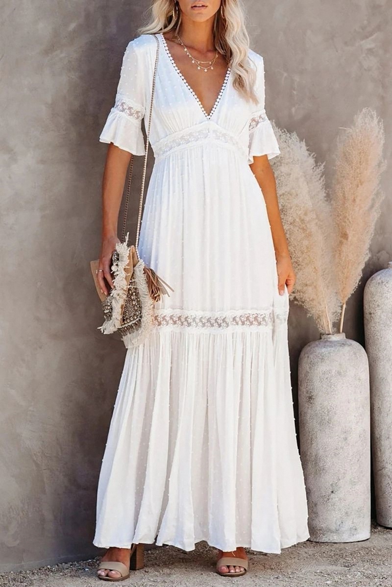 Women Dress Deep V Neck Summer Bohemia Sexy Lace High Waist Large Hem Maxi es Plus Size Beach es 210513