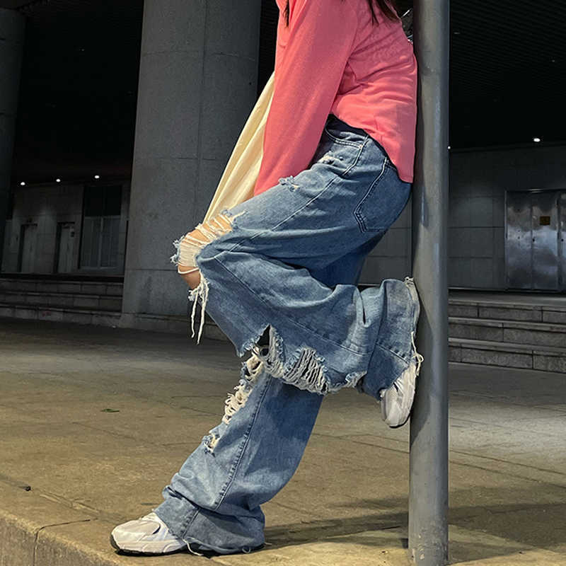 Spring And Autumn women's ripped jeans high waist loose straight pants wide leg Y2K street 210922