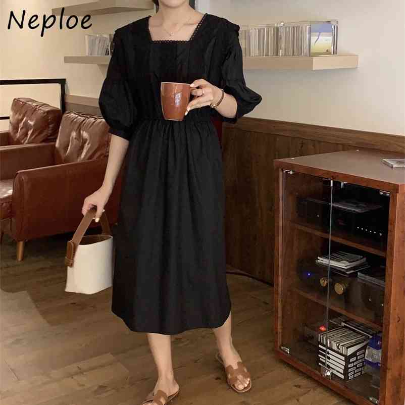 Court Style Lace Hook Flower Dress Women High Waist Hip A Line Long Vestidos Square Collar Sleeve Robe Spring 210422