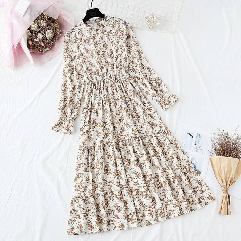 Autumn Women Chiffon Dress Vintage Long Sleeve Floral Print Ruffles Long Dresses Elastic Waist Casual Women Party Dress Vestidos 210521