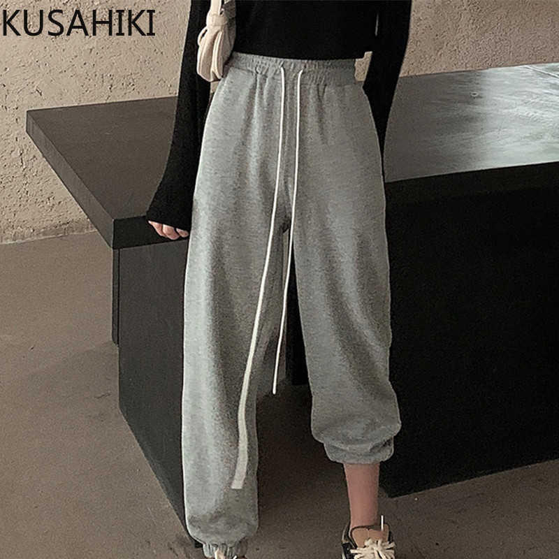 Korean Drawstring Lace Up High Waist Sweatpants Causal Solid Women Trousers Spring Femme Pants Mujer 6F453 210603