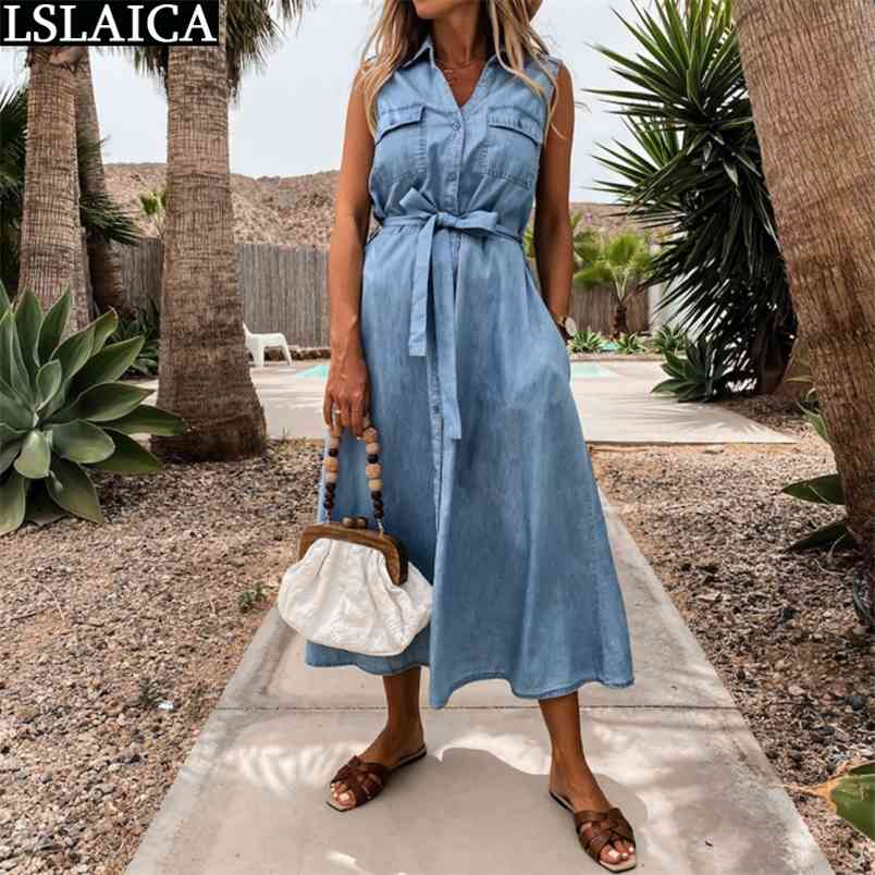 Denim Summer Dress Women Sleeveless Turn-Down Collar Sashes Female Maxi Casual Single Button Beach Streetwear Jeans 210515