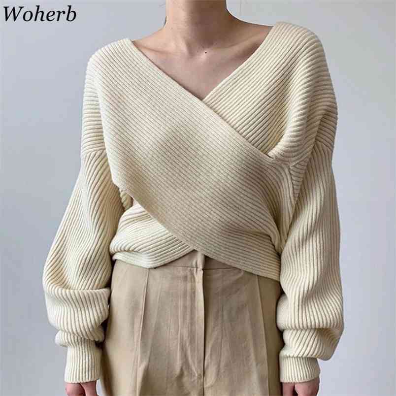 Autumn Winter Solid Casual Women Knitted Sweater Lady V-neck Criss-cross Pollovers Female Korean Chic Long Sleeve Jumper 210519