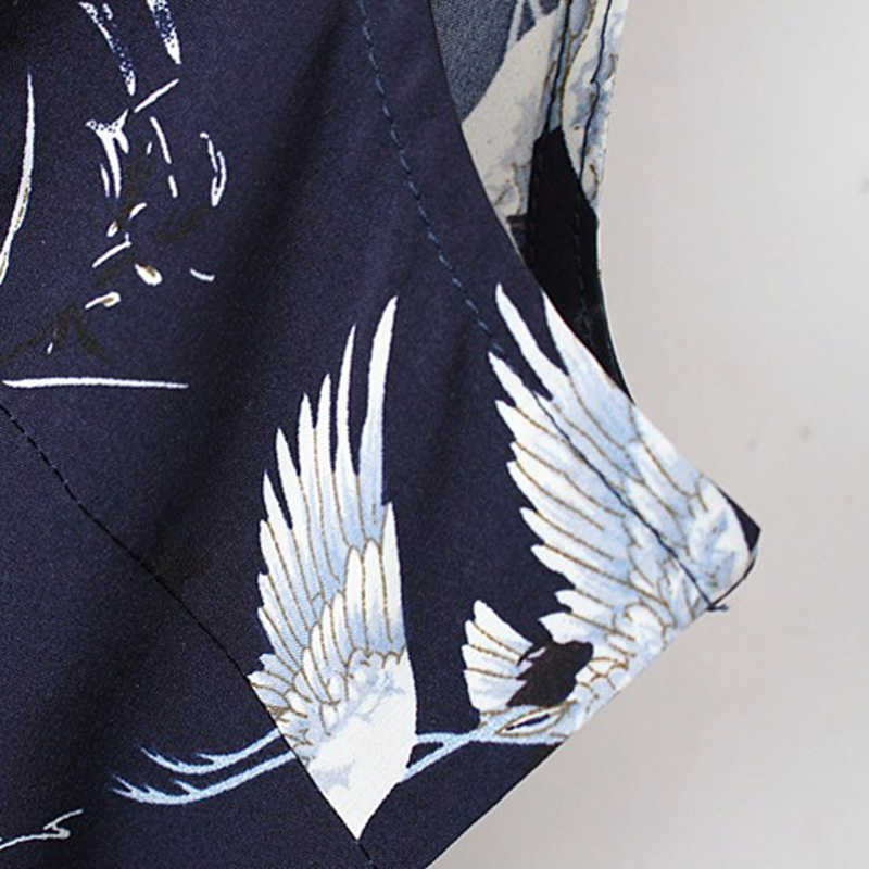 women cute crane print jumpsuit sashes pockets sleeveless pleated rompers ladies vintage casual jumpsuits 210607