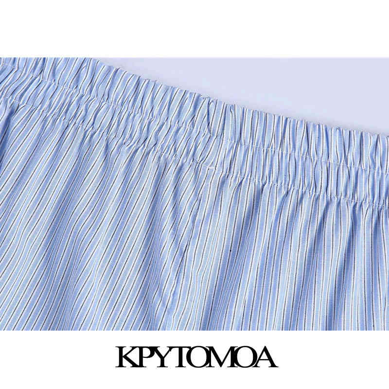 Women Fashion Side Pockets Striped Bermuda Shorts Vintage High Elastic Waist Split Hem Female Short Pants Mujer 210416