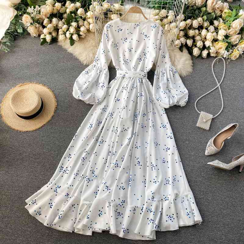 LoveFlowerLife Spring Autumn Elegant Polka Dot Floral Print Dress V Neck A Line Puff Sleeve High Waist Women Dresses 210521