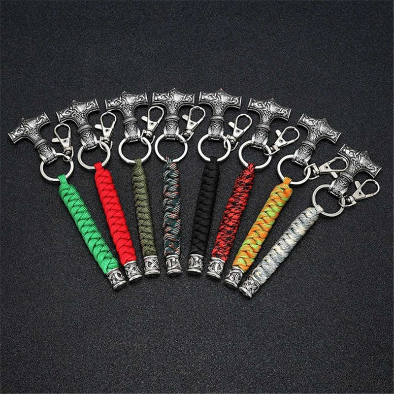 Vintage Handmade Keychain Viking Rune Hammer Car KeyRing Mjolnir Outdoor Mountaineering Survival Braided Rope Men Norse Jewelry G1019