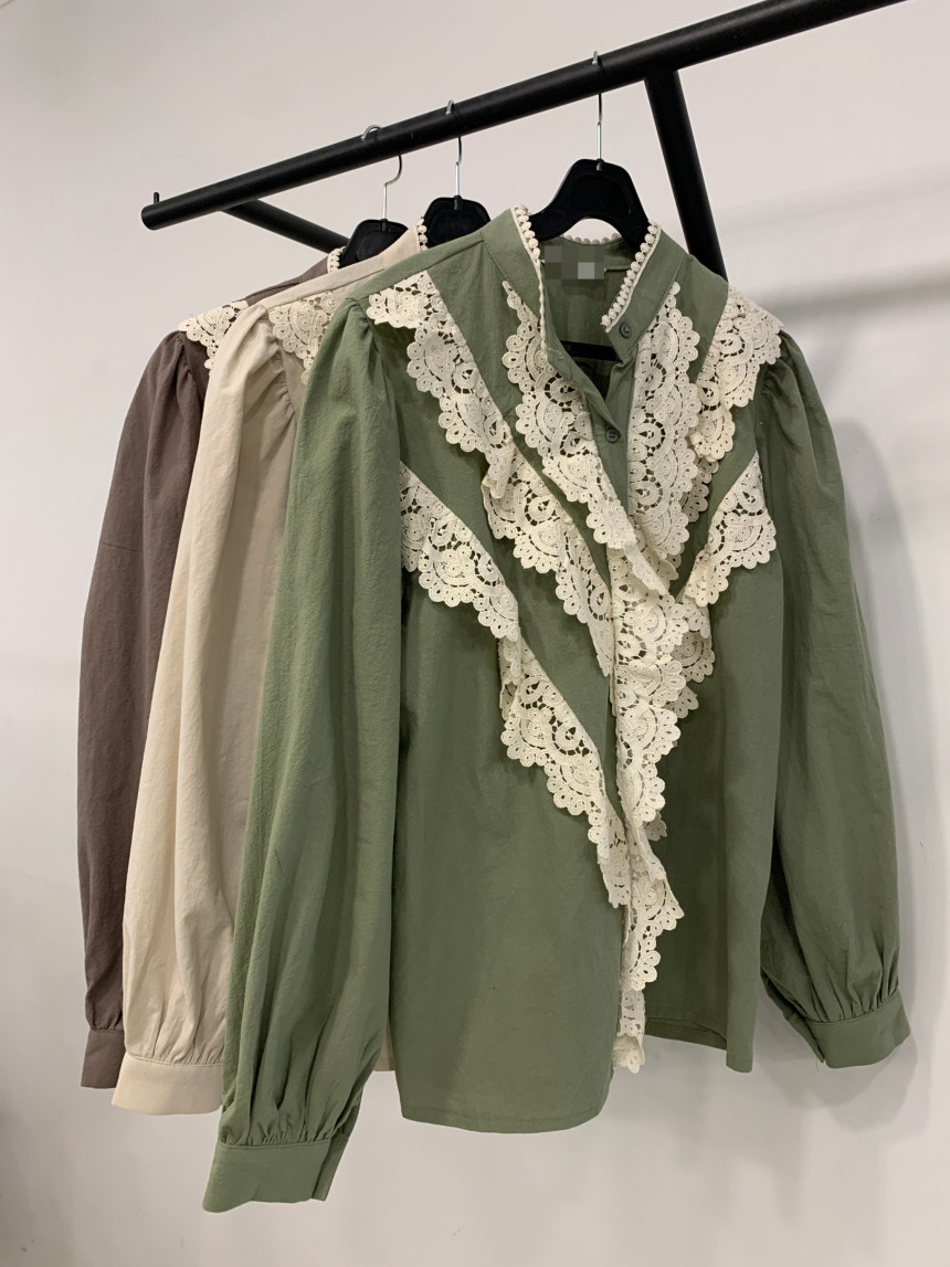 Nomikuma Women Blouse Lace Ruffle Patchwork Stand Neck Lantern Long Sleeve Shirt Korean Elegant Causal Blusas Mujer 6D462 210427