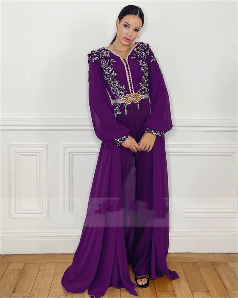 Moroccan Caftan Rompers Purple Lace Chiffon Evening Jumpsuit Dresses Long Sleeve Arabic Dubai Kaftan Prom Dress With Pant Suit