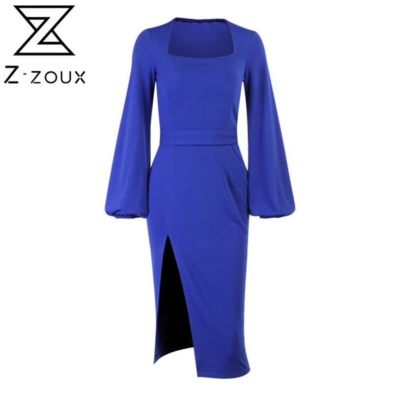 Women Dress Square Collar Lantern Sleeve Split Vintage Dresses Blue White Long Sexy Asymmetry 210513