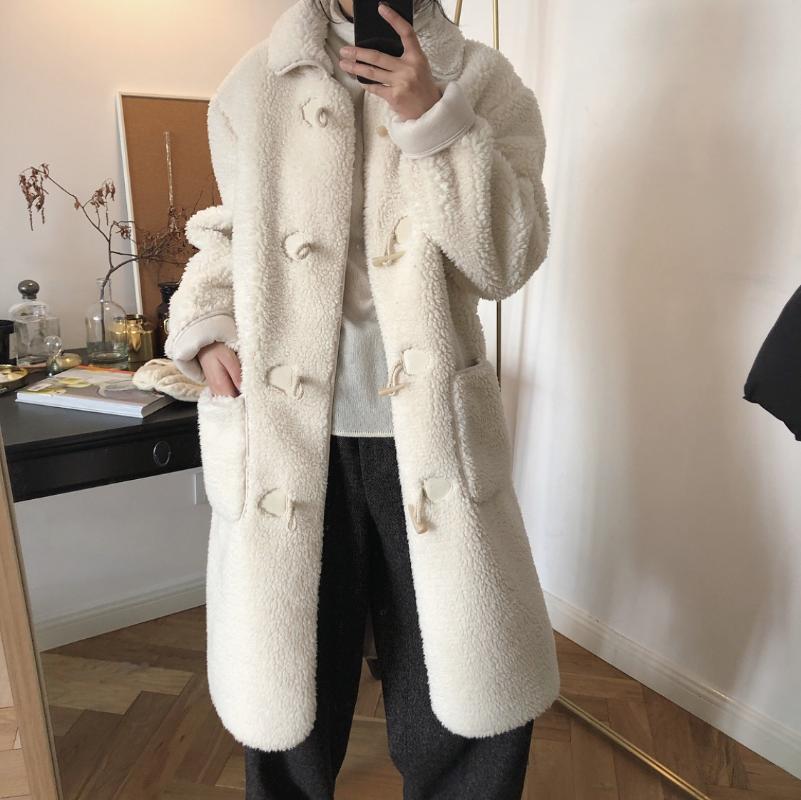 Women's Fur & Faux Winter Milky White Lamb Wool Coat Thick Lapel Long Plush Women Jacket