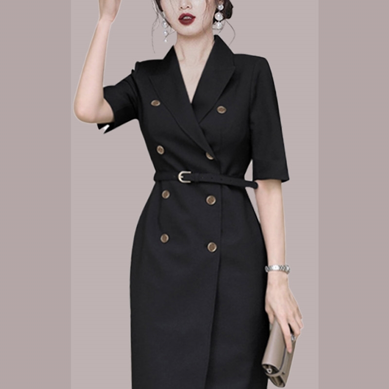 Arrival Korean Fashion Chic Double Breasted Black Dresses For Women Office Lady Short Sleeve Summer Robe 210520