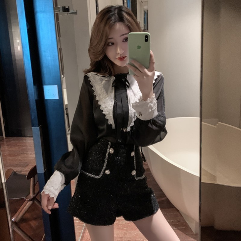 High Quality Spring Women Office Wear Two Piece suit Bow tie chiffon Perspective Long Sleeve Blouse+Tweed short pants set 210519