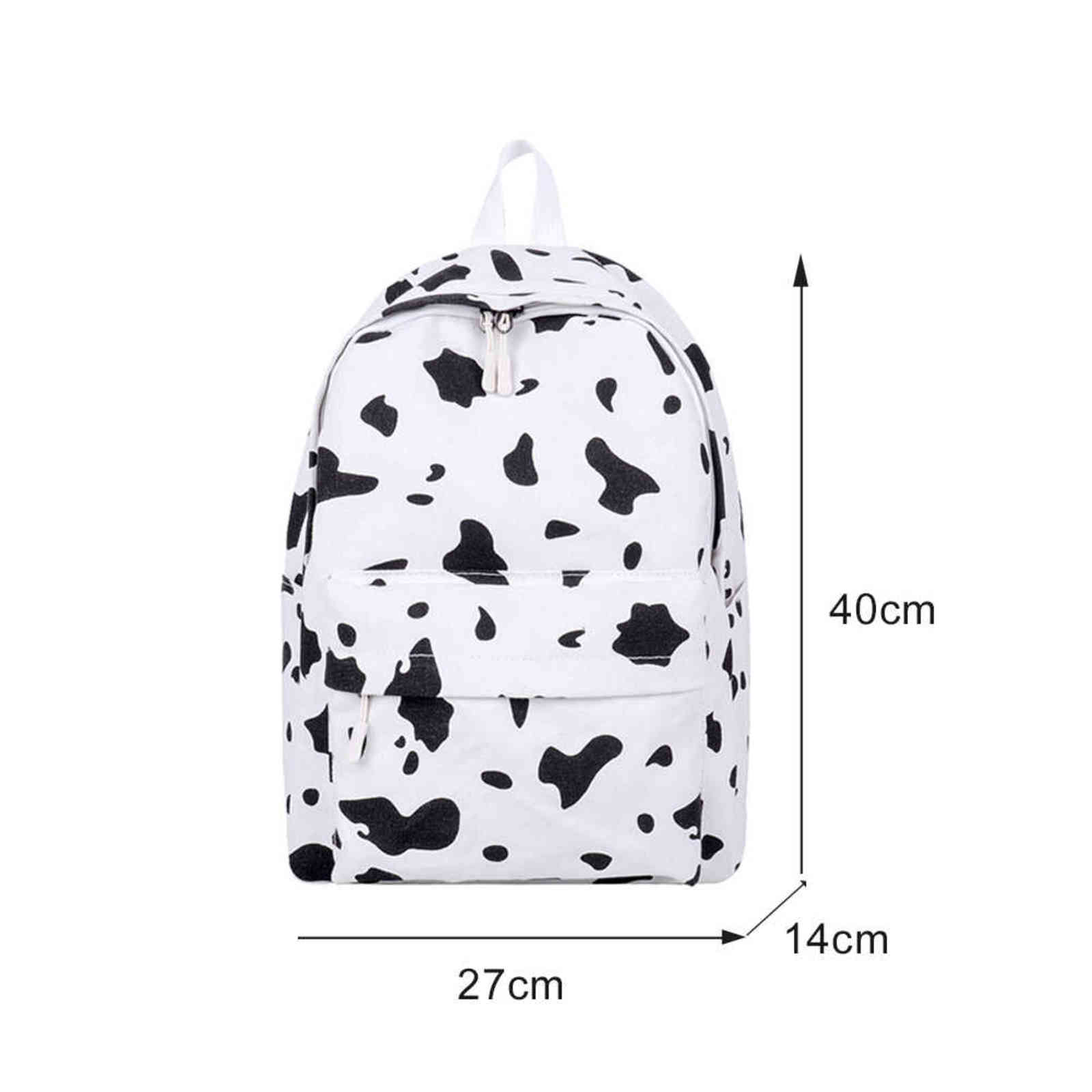 Cow Milk Print Canvas Backpack Women Students Girls Daily Casual Bag Large Capacity Shoulder School Bag 2021 Fashion Popular Y1105