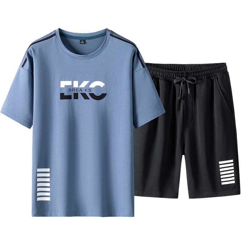 Short Sleeve Set Men Solid Tracksuit Set Summer Fashion Print T-Shirt+Shorts 2 PC Jogger Fitness Suit Male Clothing Streetwear 210603