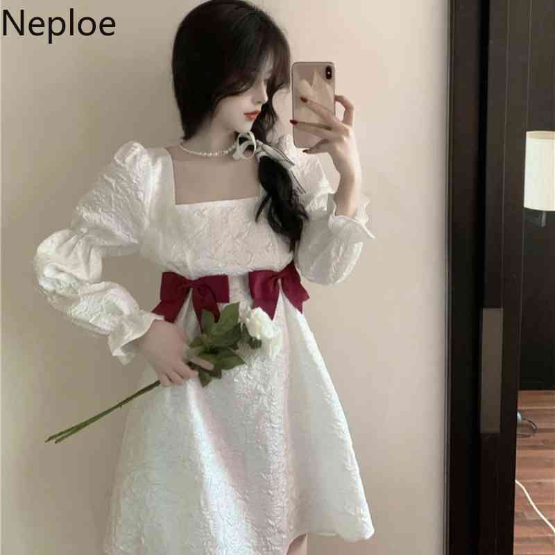 Neploe Fashion Woman Dress Chic Bow Slim Princess Dress Korean White Vestidos Mujer Square Collar Puff Sleeve Sweet Robe 95373 210422