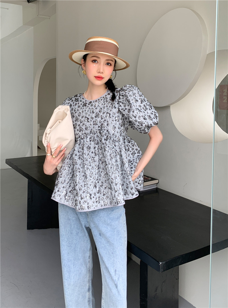 CHEERART Texture Puffy Sleeves Top And Blouses Women Grey Open Back Backless Ruffle Top Summer Short Sleeve Tie Blouse Fashion 210508