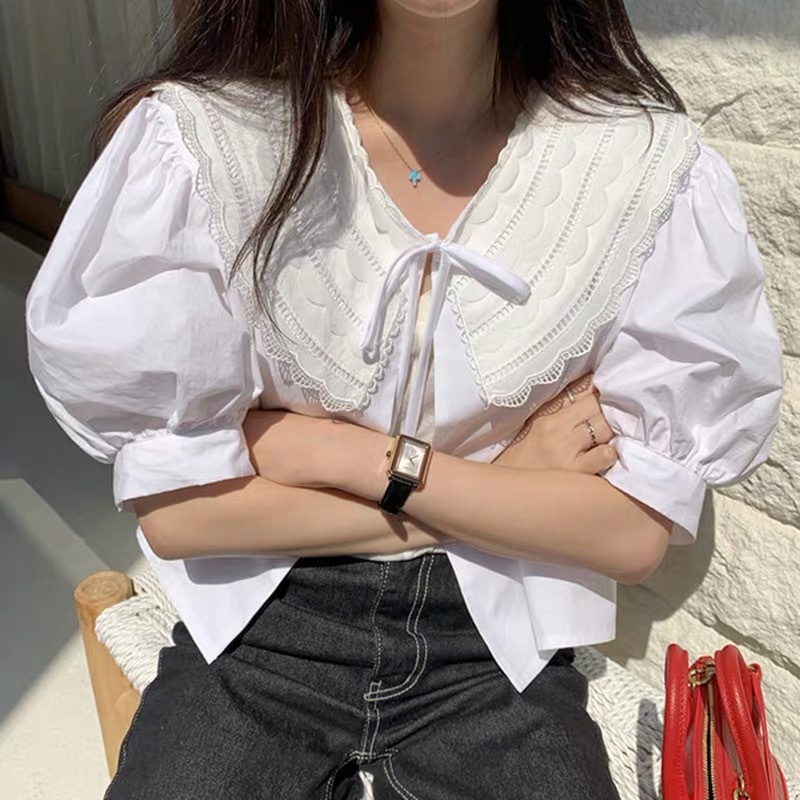 Korean Sweet Blusas Peter Pan Collar Summer Lace Up Short Women Blouses Puff Sleeve Retro Ropa Mujer 210415
