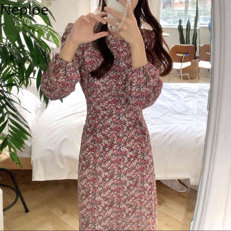 Neploe Dress for Women Chic Spring Robe O-neck Puff Sleeve Lace Up Slim Vestidos Mujer Korean Floral Vintage Maxi Dresses 95243 210422