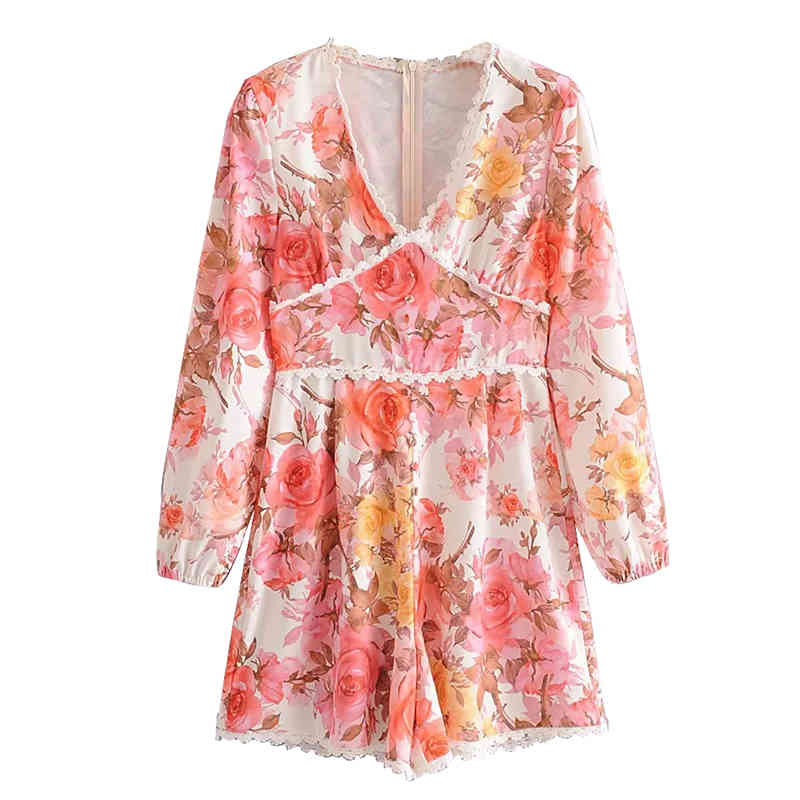 Summer Boho Style Floral Print Playsuit Women Lace Patchwork Sexy Deep V Neck Beach Jumpsuit Lady Lantern Sleeve Romper 210414