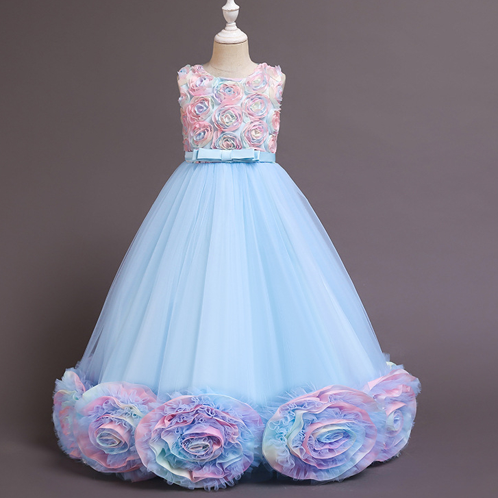 2021 Cute Flower Girl Dresses Jewel Neck 3D Florals Girl Pageant Gown Cascading Ruffle Sweep Train Custom Made Birthday Ball Gowns