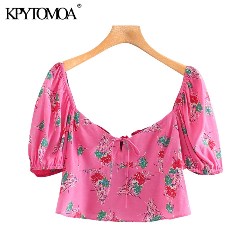 Women Fashion Floral Print Cropped Blouses Tied V Neck Puff Sleeve Female Shirts Blusas Mujer Chic Tops 210420