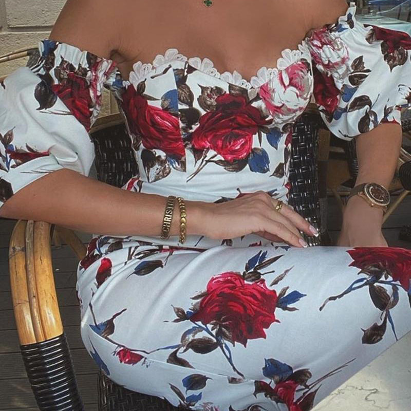 Solid Flower Print Off Shoulder Ruched Bodycon Women's Midi Dress Sexy Slim Long Puff Sleeve Elegant Dresses For New Year 210409