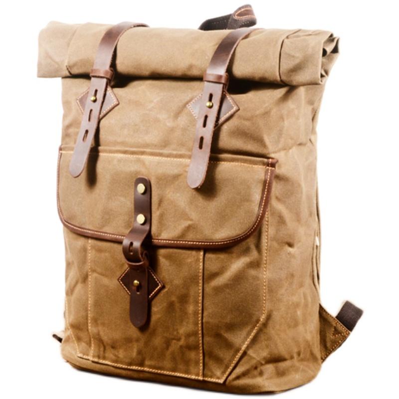 Roll Top Backpack Leather Waxed Canvas Retro Hiking Bag Anti Theft Travel Waterproof Men Laptop Bags