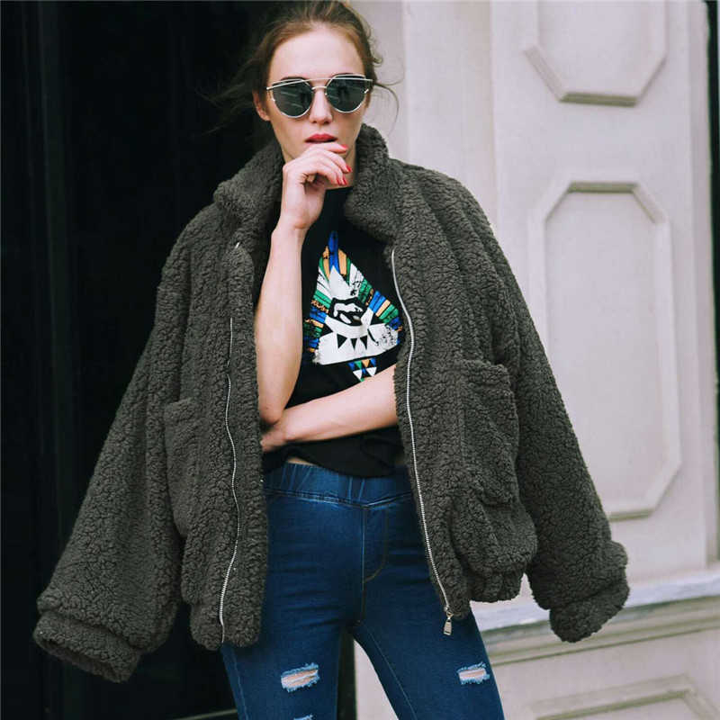 Elegant Faux Fur Coat Women Autumn Winter Thick Warm Soft Fleece Jacket Female Pocket Zipper Overcoat Bear Teddy Coat 3XL 211019