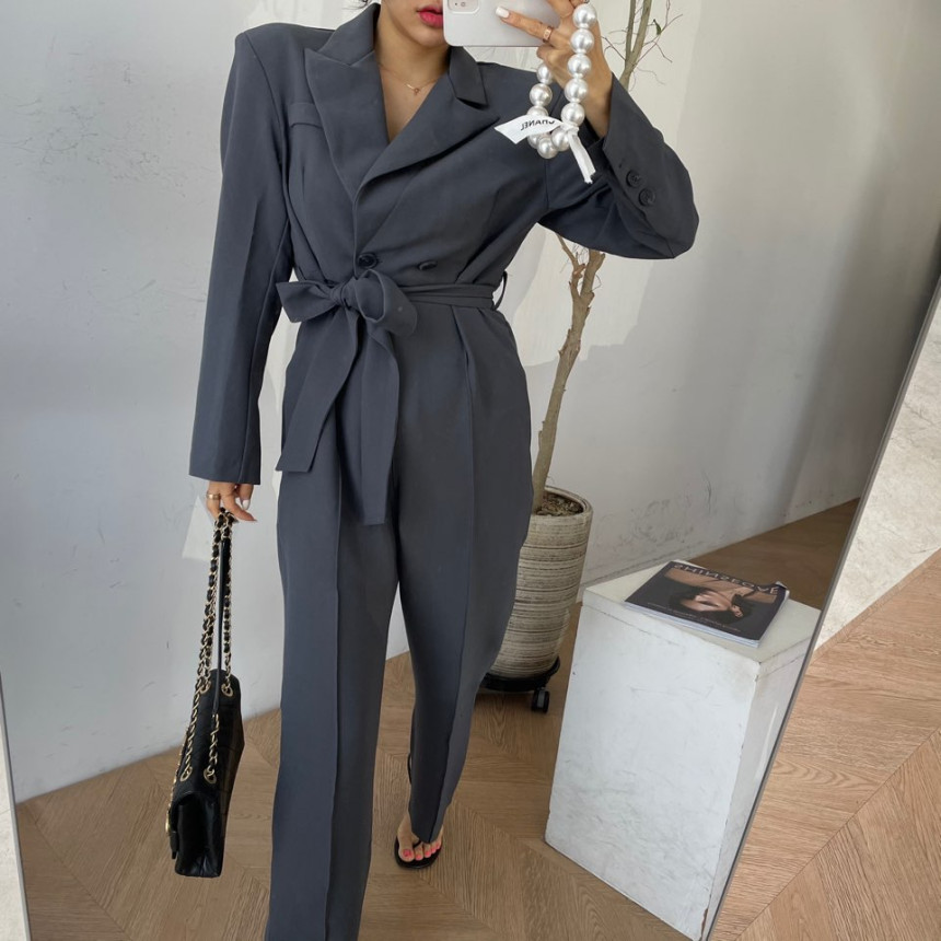 Elegant Notched Collar Double Breasted Playsuits Long Pants Chic Sashes Office OL High Waist Slim Retro Jumpsuit Women 210519