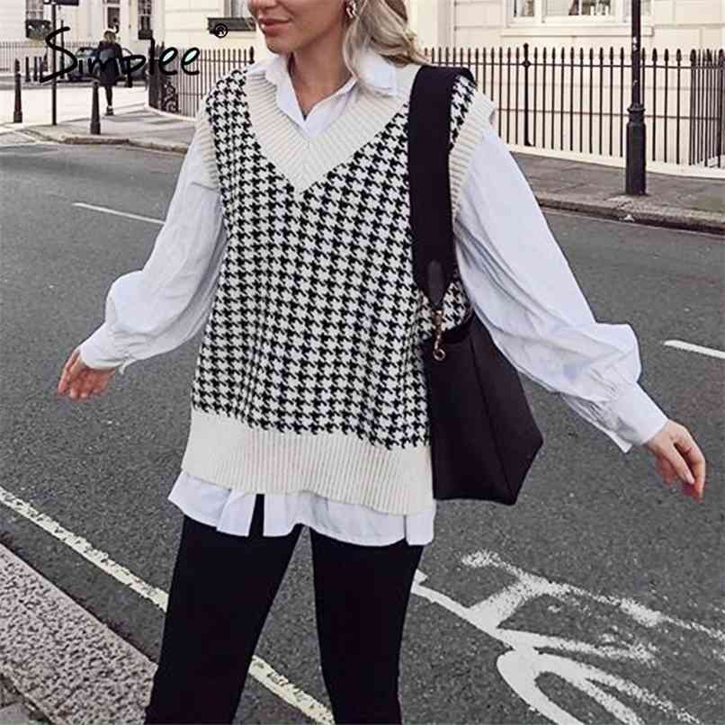 Houndstooth knitted sweater vest women V neck sleeveless oversized pullover vintage Fall winter female waistcoat sweater 210918