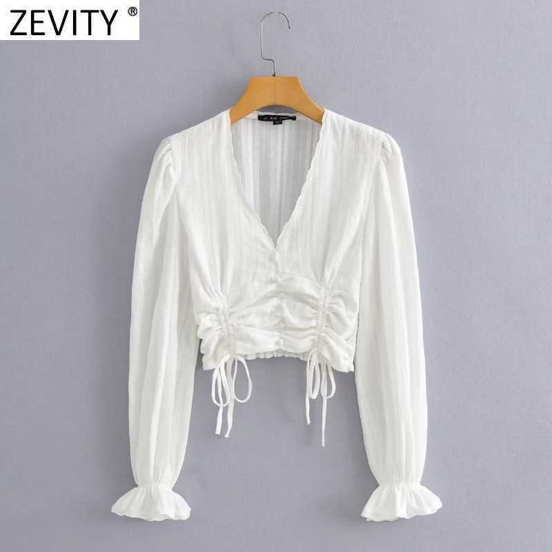 Zevity French Women V Neck Solid Short Smock Blouse Femme Lantern Sleeve Ruffles Casual Shirt Chic Slim Blusas Crop Tops LS9328 210603