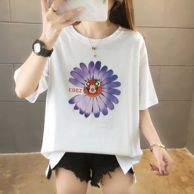 Tee Shirt Femme Loose Women Fashion Korean Clothes Floral Print shirt Summer ops Short Sleeve Female 210615Z