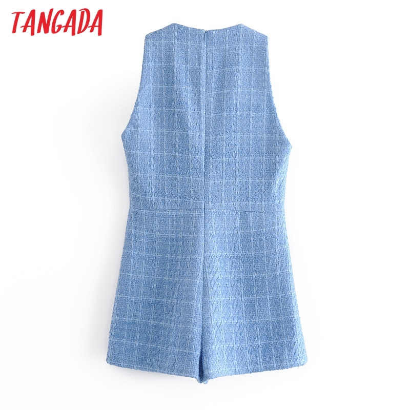 Women Vintage V Neck Tweed Playsuits Back Zipper Sleeveless Rompers Ladies Casual Chic Jumpsuits 3H74 210416