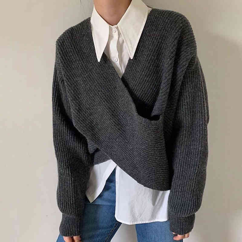 Autumn Winter Solid Casual Women Knitted Sweater Lady V-neck Criss-cross Pollovers Female Korean Chic Long Sleeve Jumper 210519