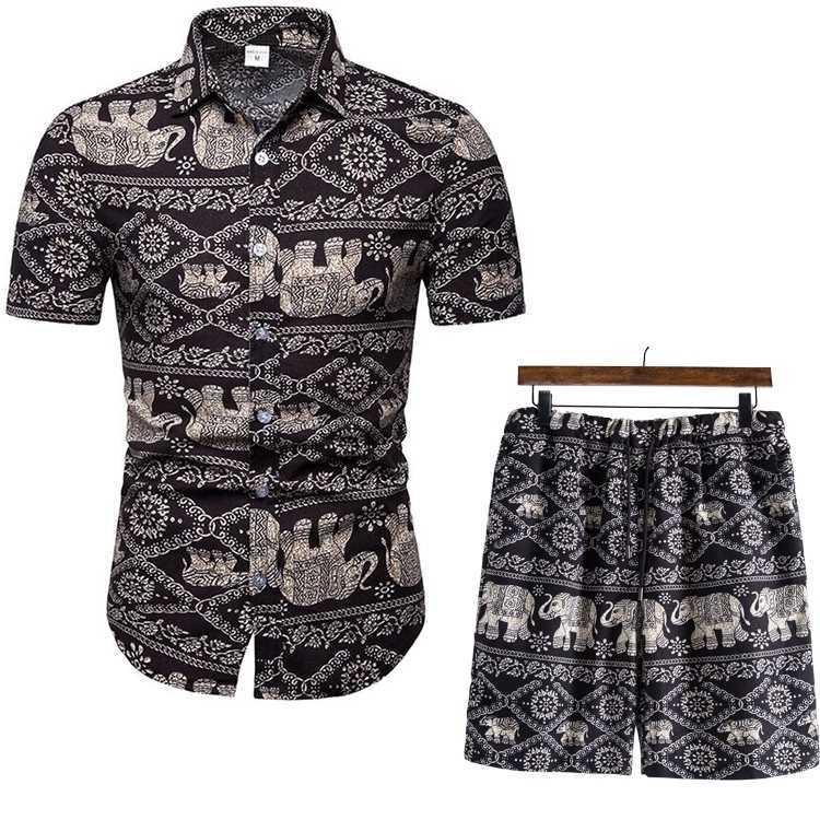 Men Sets Hawaiian Floral Print Shirt Set 2 Pieces Outfit +Beach Shorts Casual Wear Holiday Suits Summer Male Streetwear 210603