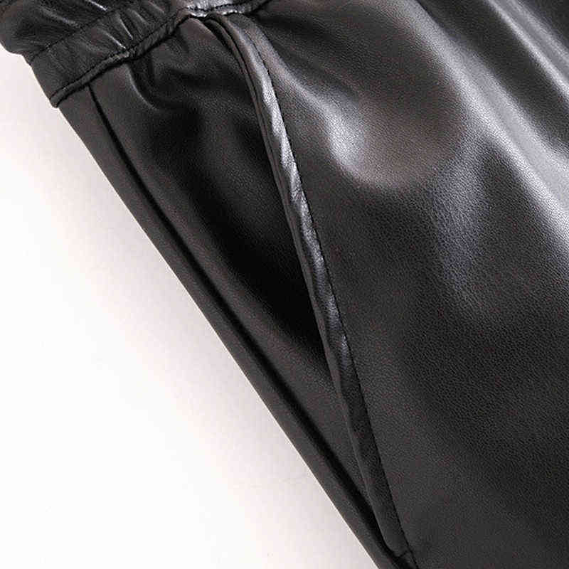 Wixra Pu Leather Pockets Pants Pantalones Mujer Womens Fashion Elastic Waist Lace Up Tie Ankle Trousers Autumn 211115