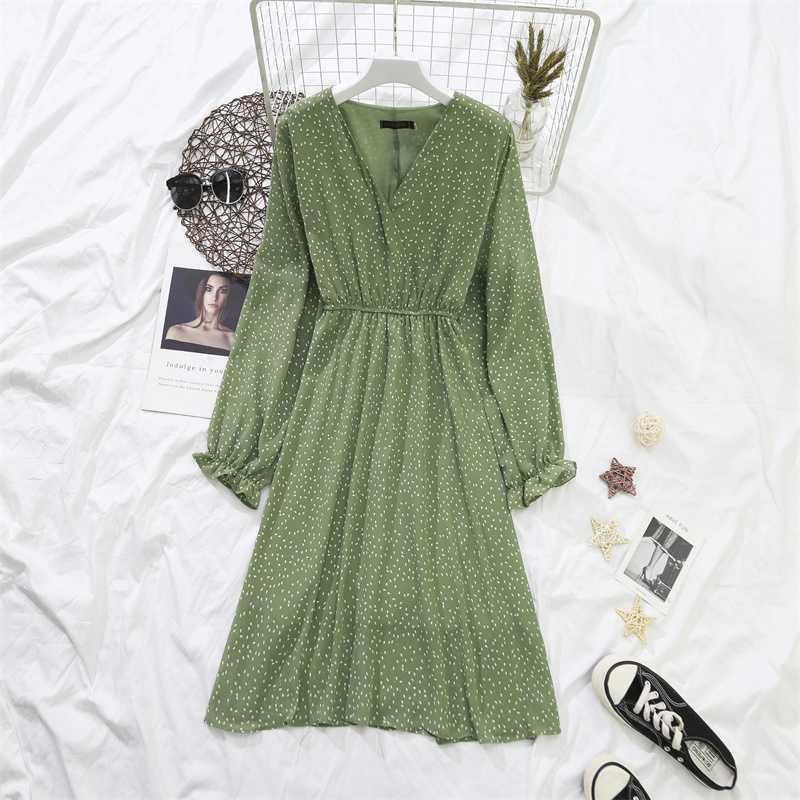 NIJIUDING Autumn Latest High Waist V-neck Waist Slimming Printed Mid-length Chiffon Dress Ladies Small Fresh Wild Plus Size 4XL 210630