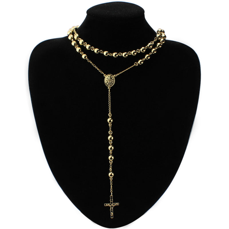 Gold 4mm/6mm /8mm Stainless Steel Long Rosary Bead Chain Jesus Cross Catholic Crucifix Necklace 28''+6''/30''+6'�
