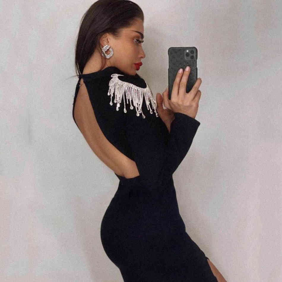 Black Diamons Tassel Bandage Women's Summer Dress Sexy Long Sleeve Backless Maxi Evening Runway Club Party 210423