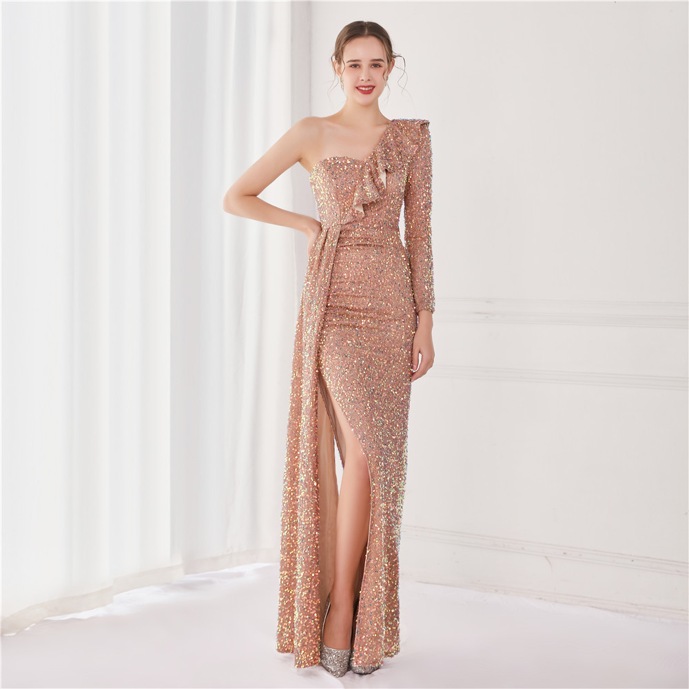 Sexy Evening Dresses One-Shoulder Sequins Race Ruffle Women Formal Stunning Floor Length Prom Dress Robe De Mariée Custom Made