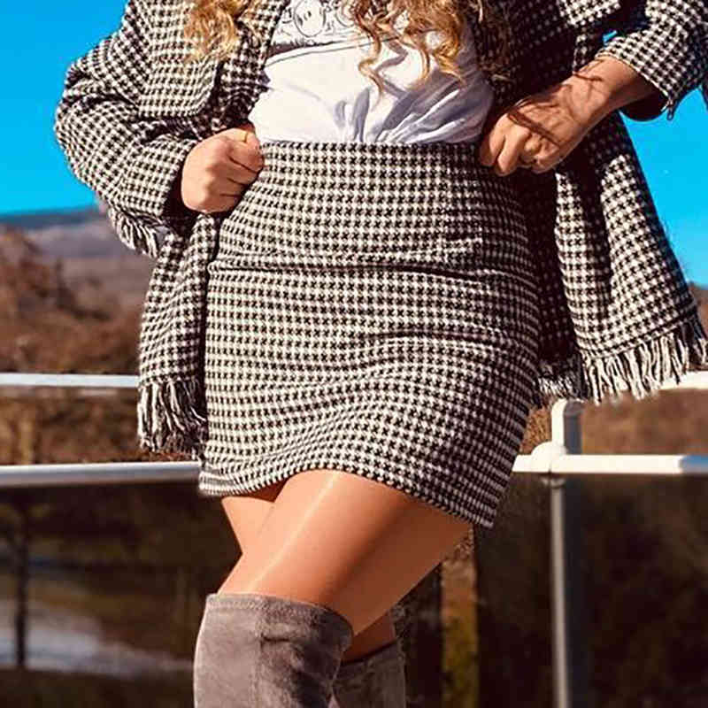 Vintage Women Houndstooth Tweed Mini Skirts Summer Fashion Ladies High Waist Slim Skirt Casual Female Chic Bottoms 210430