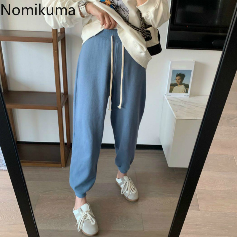 Nomikuma Korean Causal Knitted Sweat Pants Lace Up High Waist Ankle-length Trousers Autumn Winter Women Sweater Pants 6D680 210427