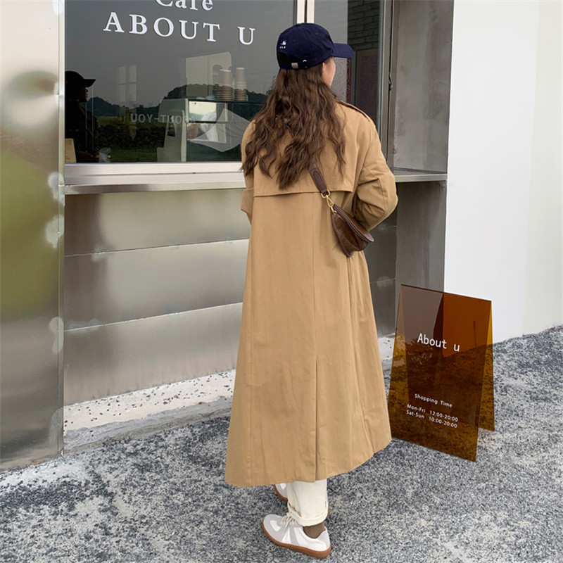 Minimalist Suit Collar Double Breasted Long Trench Coat Women Elegant OL Overcoat Autumn Work Khaki Windbreaker 210421